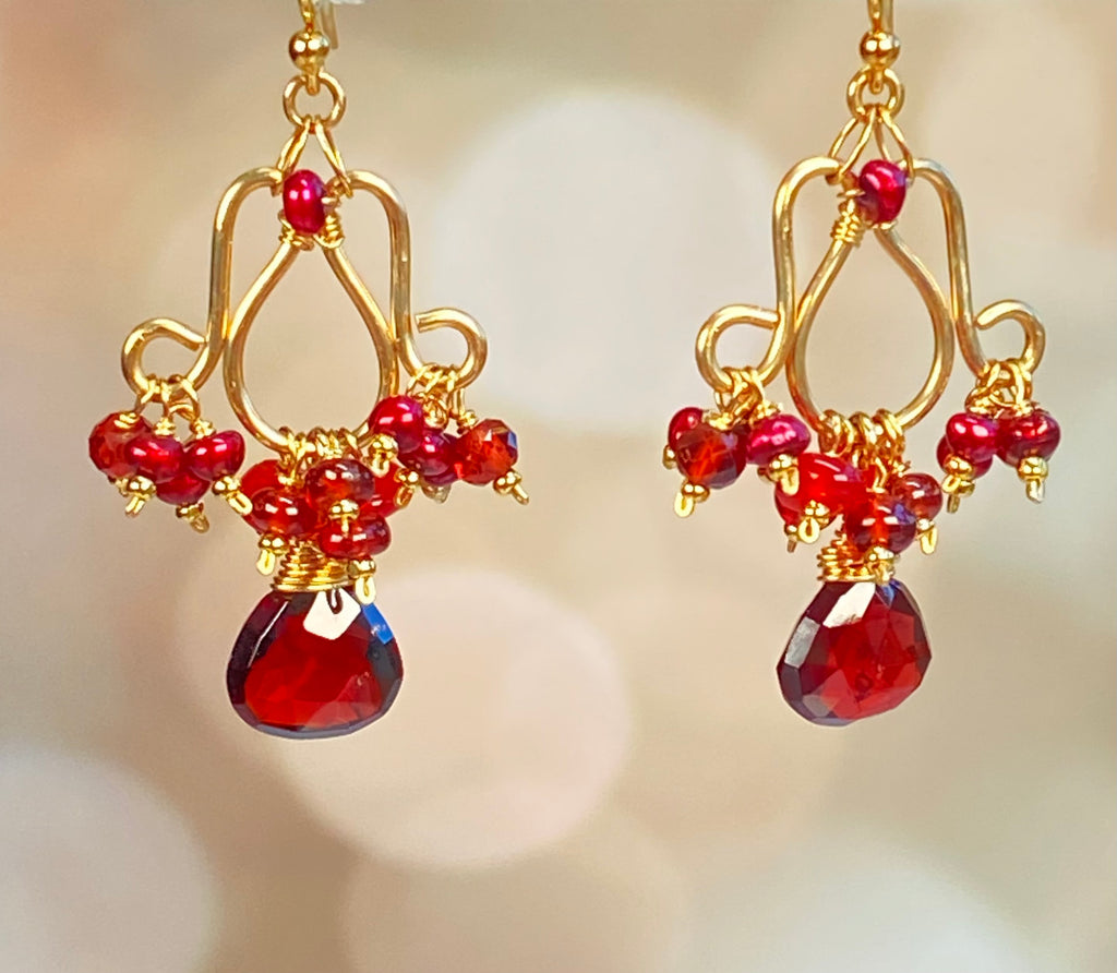 Red Garnet, Pearl & Opal Chandelier Earrings, 14k Gold Fill