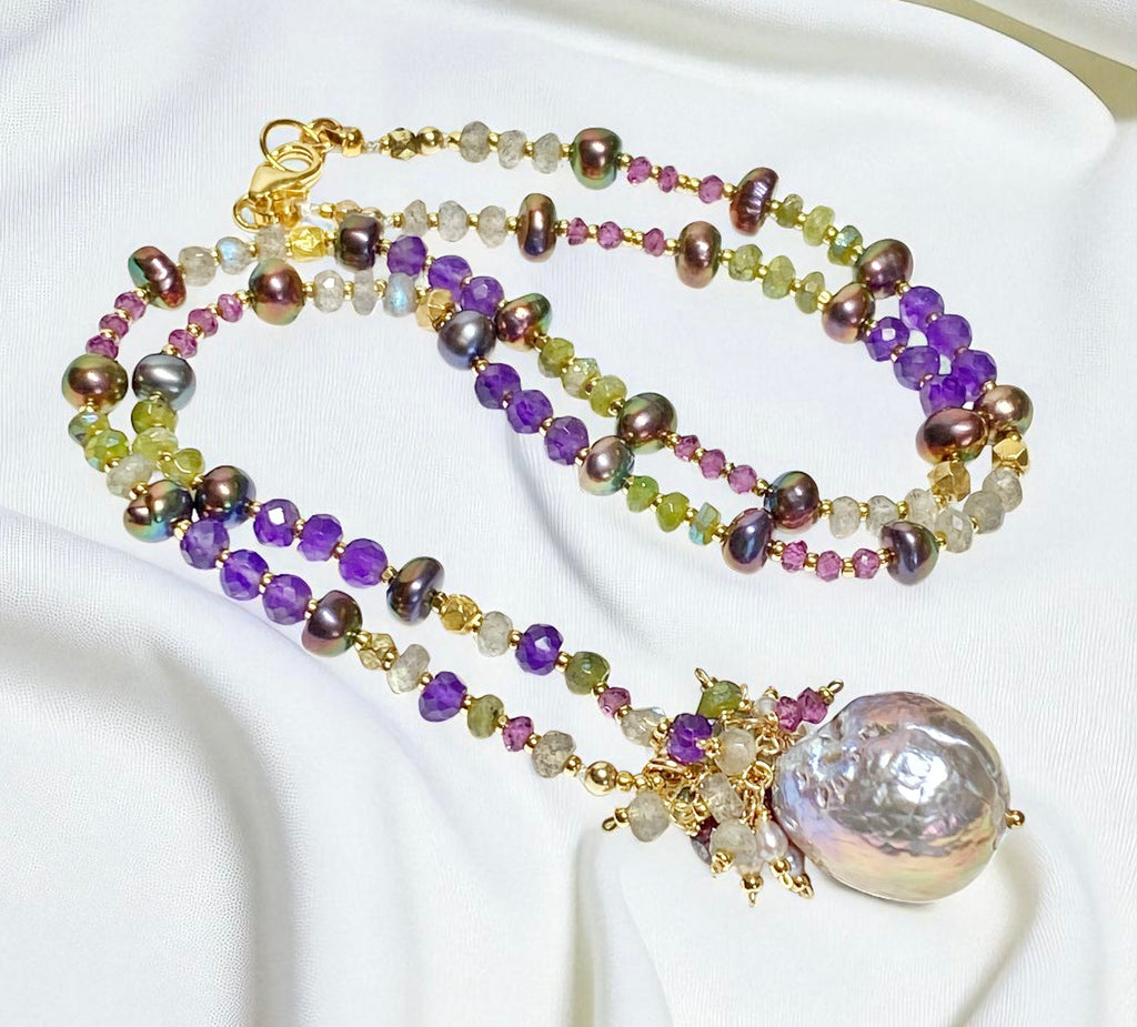 Exotic Mauve Pink Pond Slime Baroque Freshwater Pearl Pendant with Gemstone Necklace