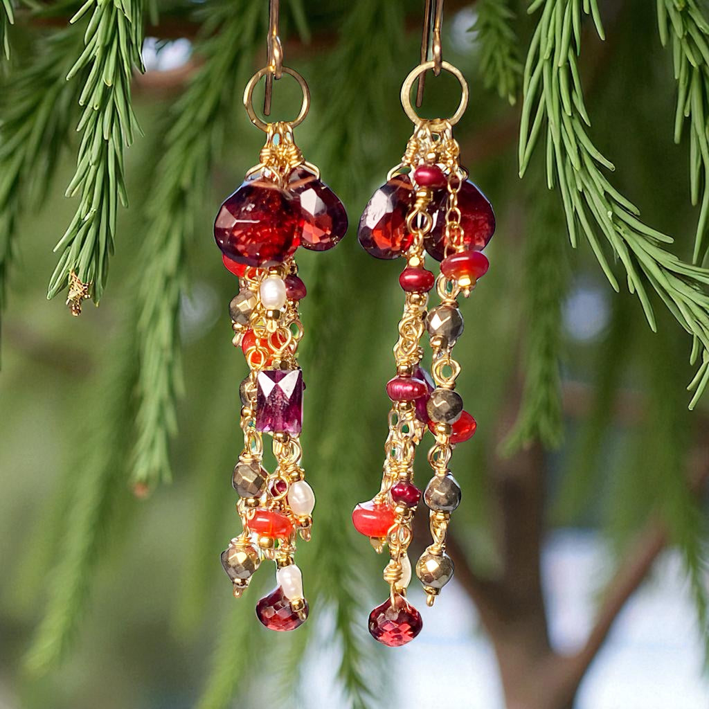 Garnet Dangle Earrings 14 kt Gold Fill with Red Pearls
