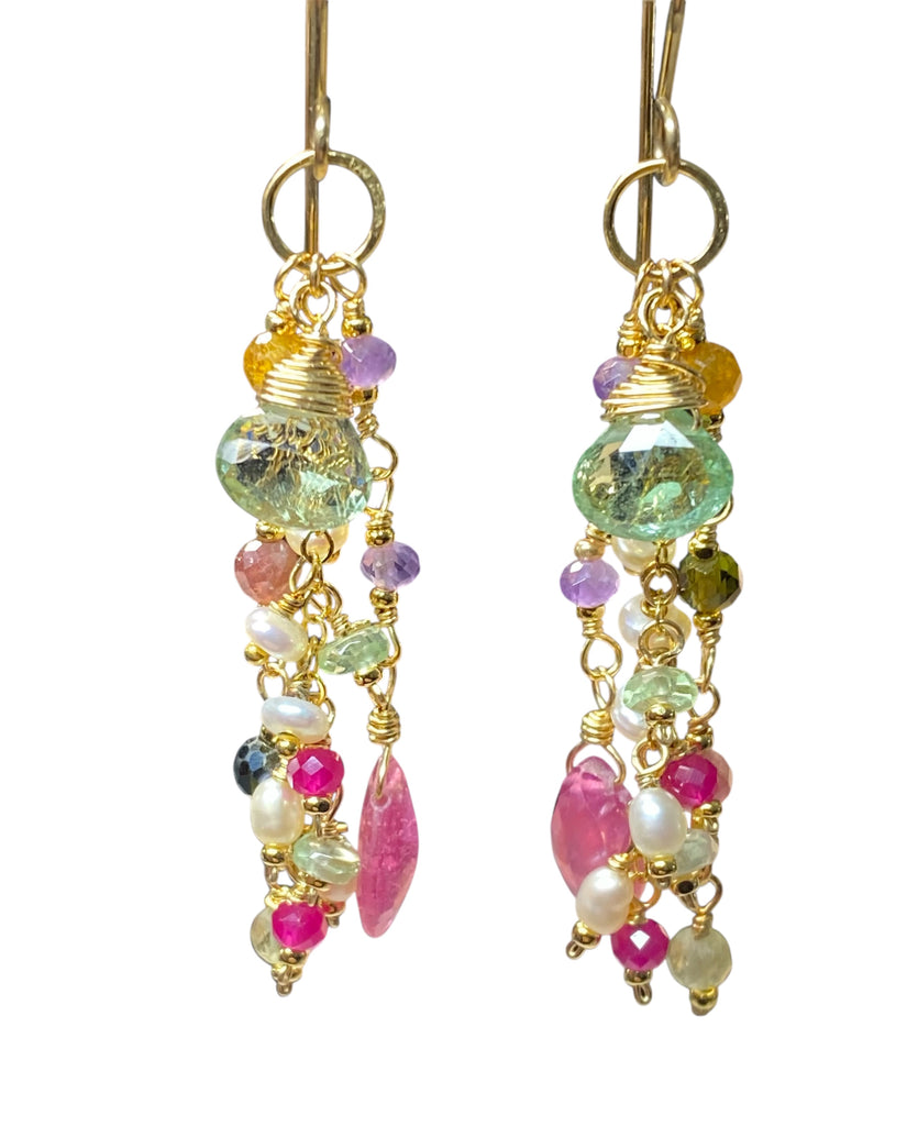Green Tourmaline Pink Sapphire Gemstone Long Boho Dangle Earrings Gold Fill
