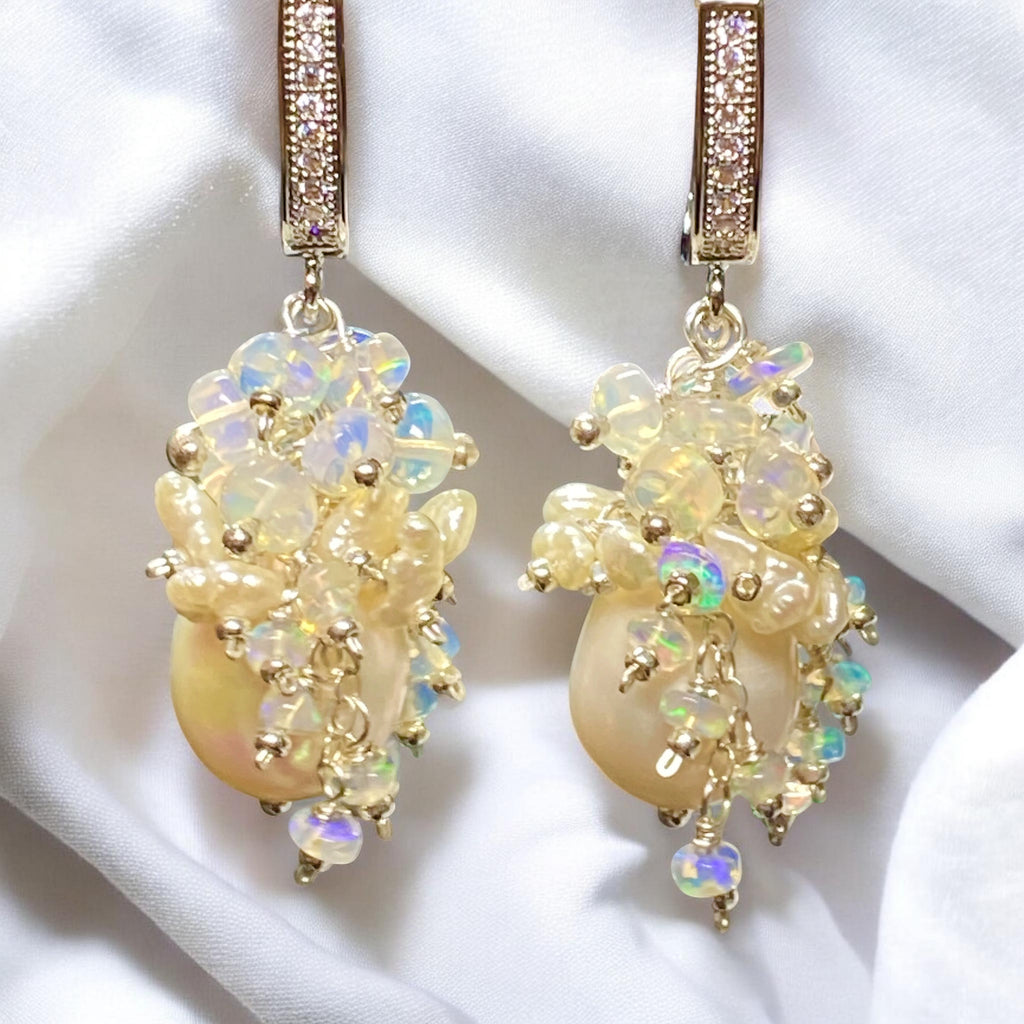 Pearl Ethiopian Opal Cluster Bridal Earrings Sterling Silver - Doolittle