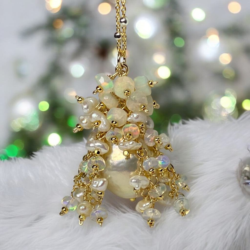 Golden Edison Baroque Pearl Opal Cluster Pendant in Gold Fill