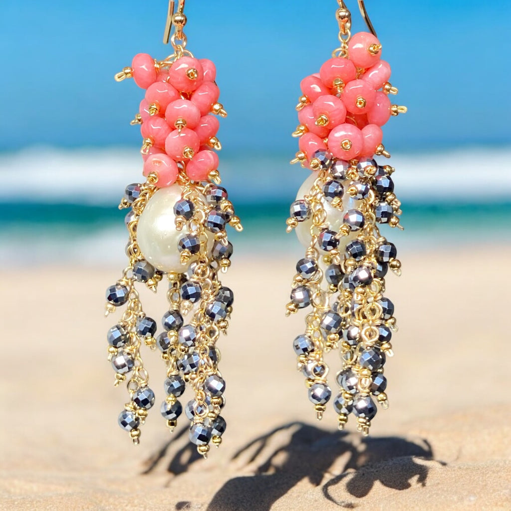 CUSTOM ORDER for Sandra H - Pearl, Coral and Black Cluster Earrings Gold Fill