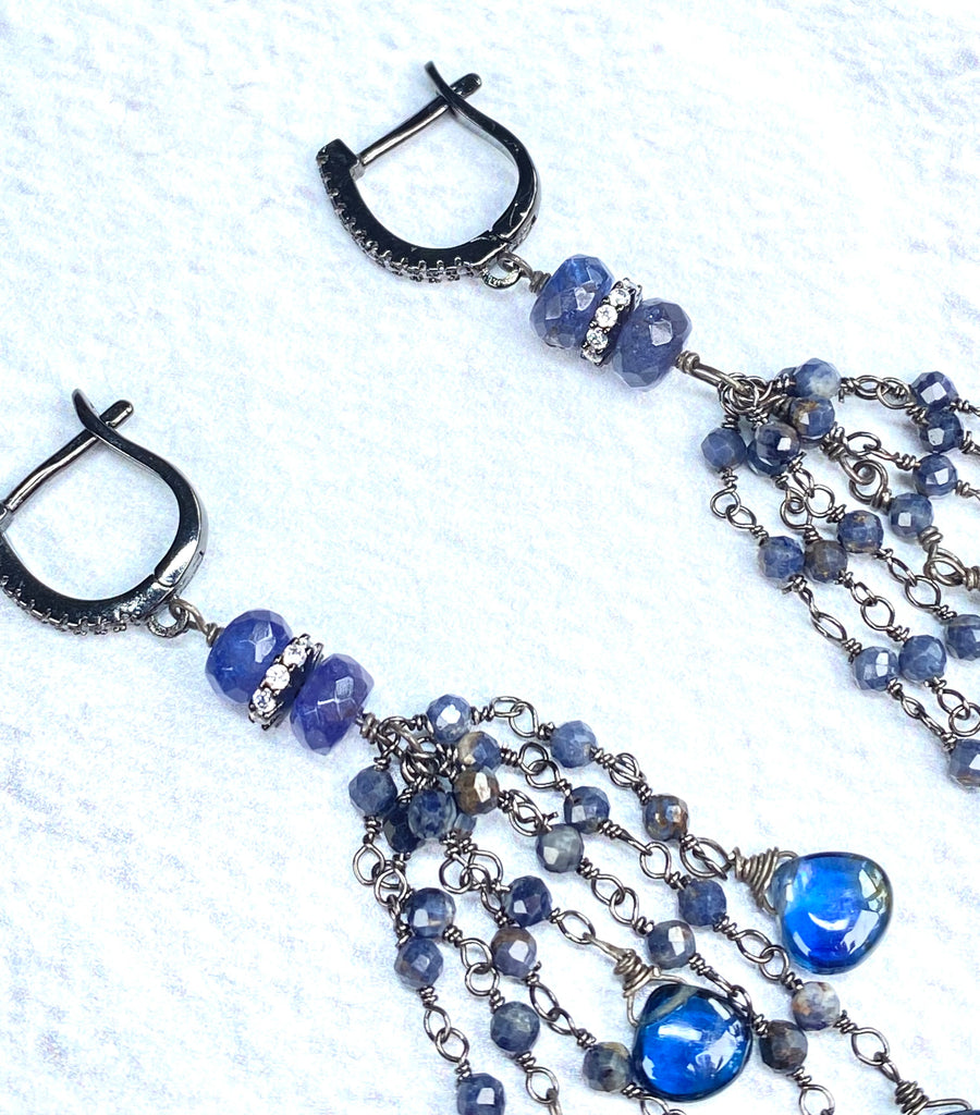 Blue Sapphire Kyanite Boho Tassel Earrings in Oxidized Sterling Silver