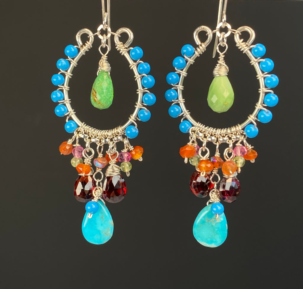 Turquoise & Garnet Chandelier Earrings Sterling Silver - Doolittle