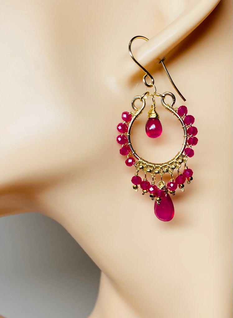 Red ruby pink sapphire gold chandelier hoop earrings on mannequin ear