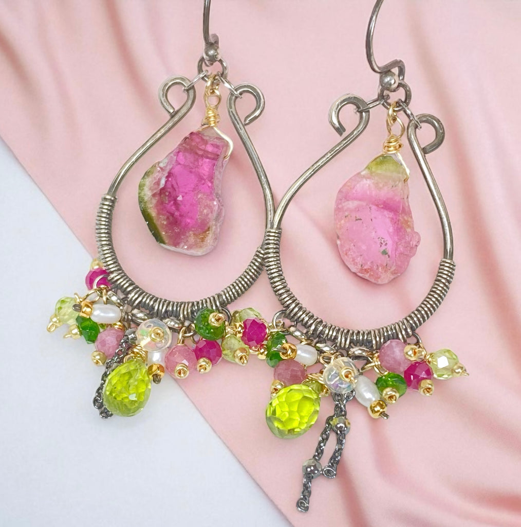 Pink Sapphire, Peridot, Watermelon Tourmaline Hoop Chandelier Earrings