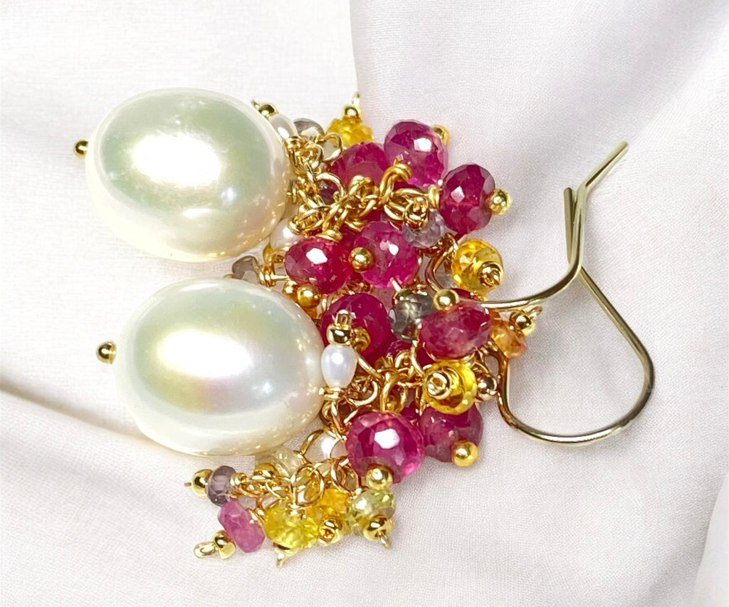 Pearl and Pink Sapphire Cluster Earrings Gold 2 - not used