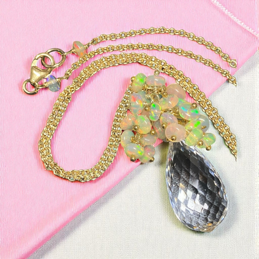 Clear Crystal Quartz Opal Cluster Pendant Necklace