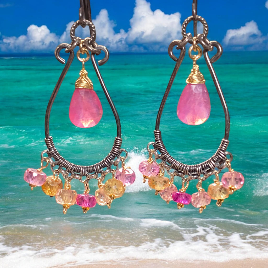 Padparadscha Pink Sapphire Chandelier Hoop Earrings — Fuchsia, Blush & Peach, Mixed Metals