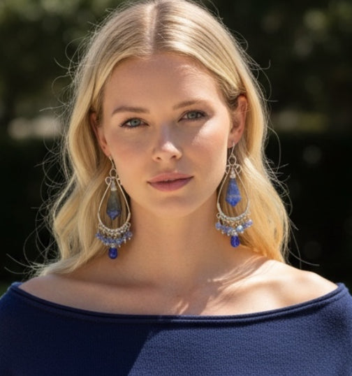 Blue Gemstone Statement Chandelier Earrings Oxidized Sterling Silver Blue Labradorite, Iolite, Kyanite