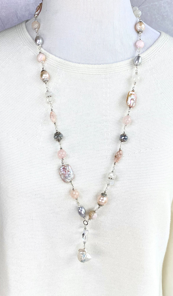 Blush Pink Baroque and Silver Pearl Long Sautoir Necklace — Rainbow and Grey Mystic Moonstone Rose Quartz