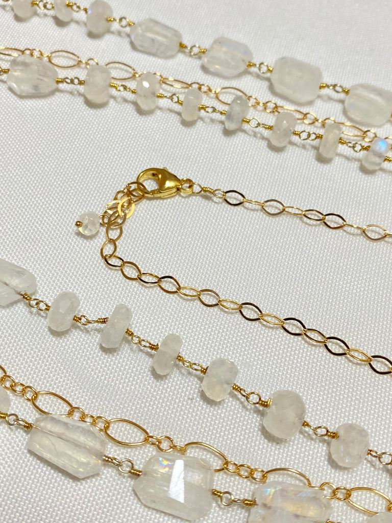 Rainbow Moonstone Triple Strand Long Necklace - Doolittle