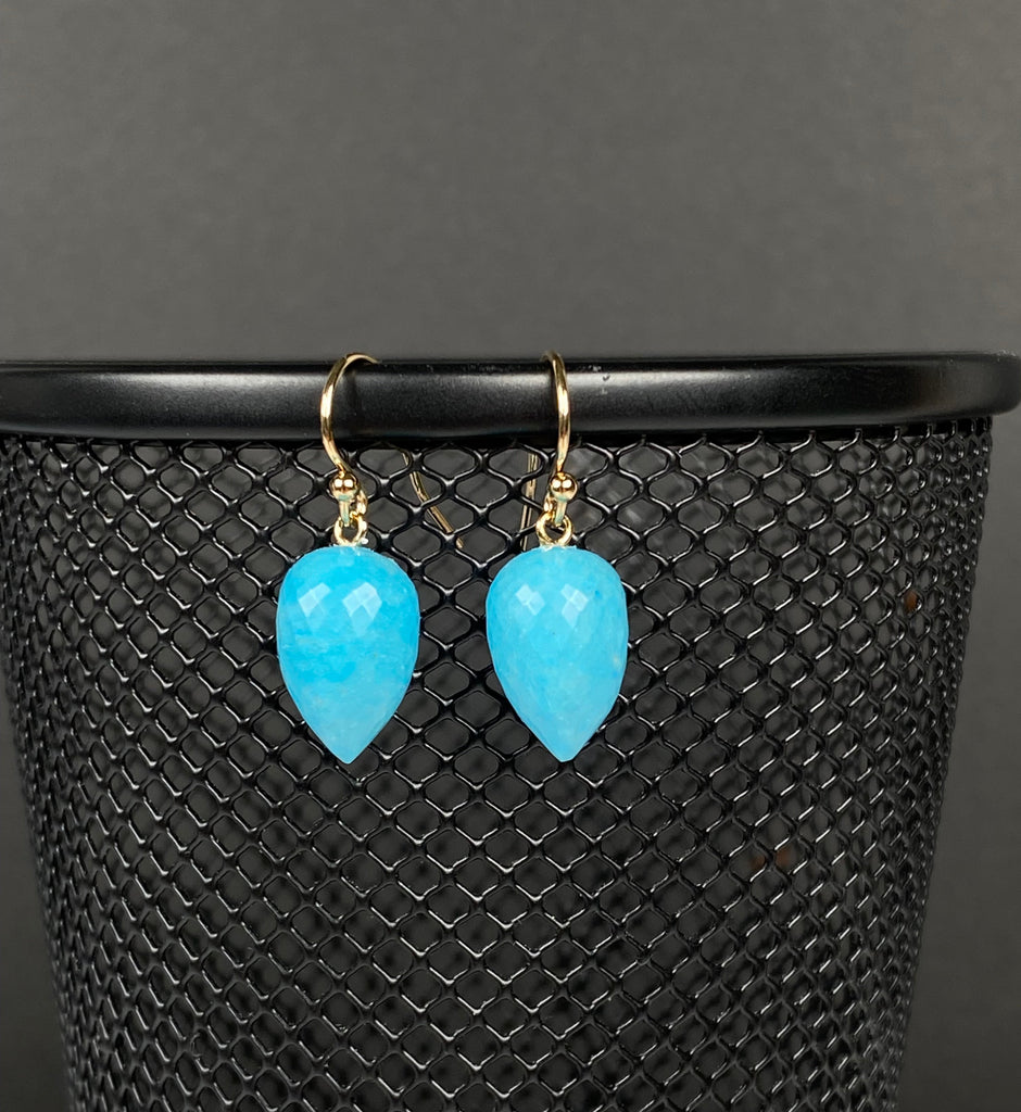 Turquoise Micro Faceted Briolette Long Drop Earrings 14k Gold Fill