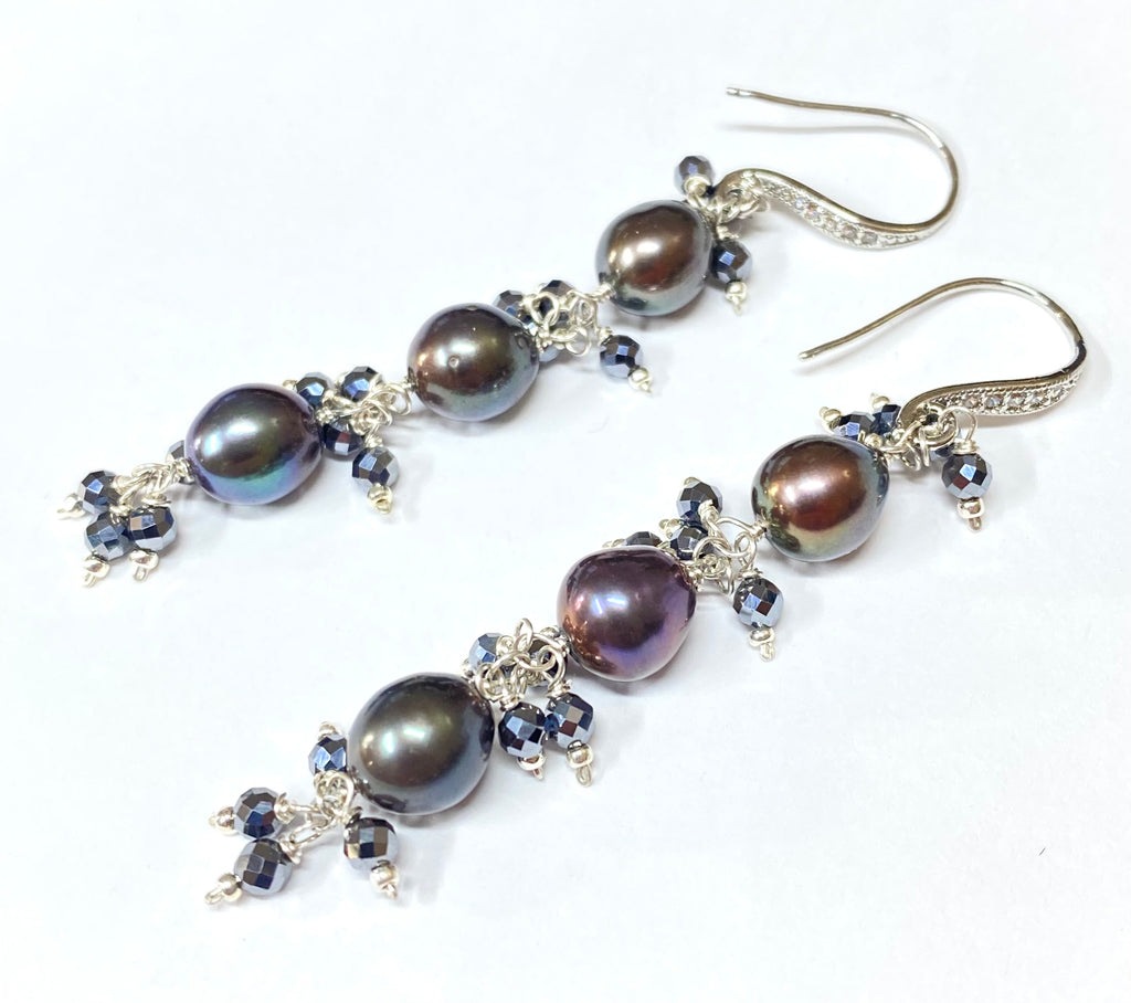 Black Peacock Pearl and Black Terahertz Long Dangle Earrings Sterling Silver - Doolittle