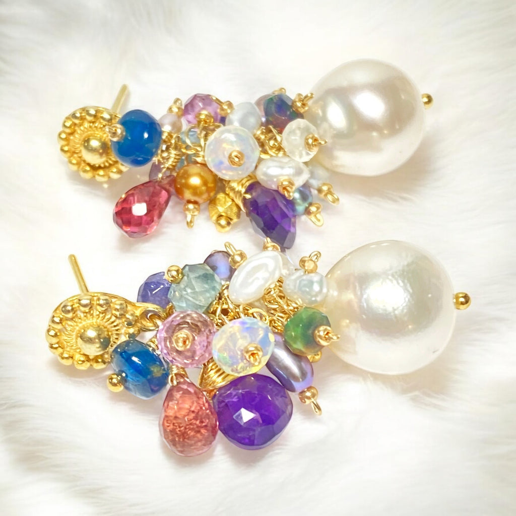 Gemstone Cluster Pearl Earrings, Amethyst, Opal, Pink Tourmaline, Gold Post