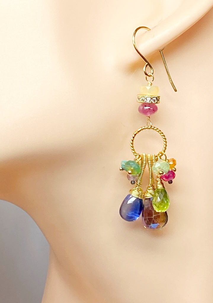Multi Gemstone Dangle Earrings, Coiled Gold Wire, Handmade 2