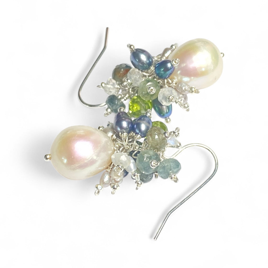 Moss Aquamarine and Pearl Cluster Earrings, Sterling Silver
