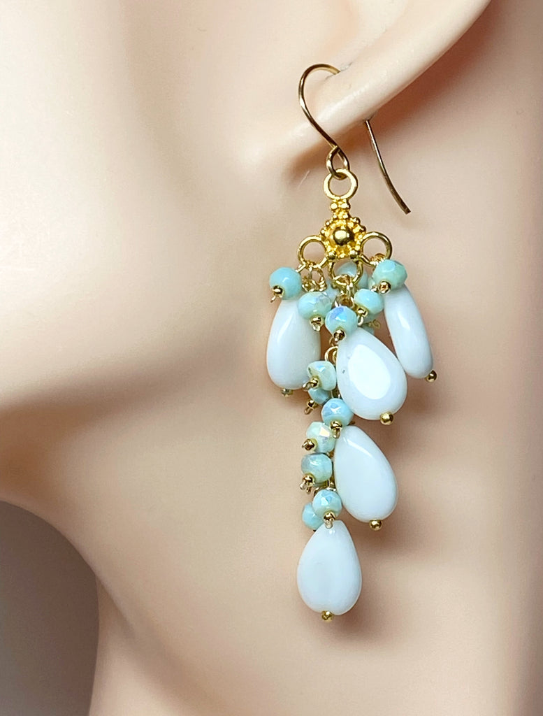 White and Aqua Mystic Peruvian Opal Long Gem Dangle Chandelier Earrings