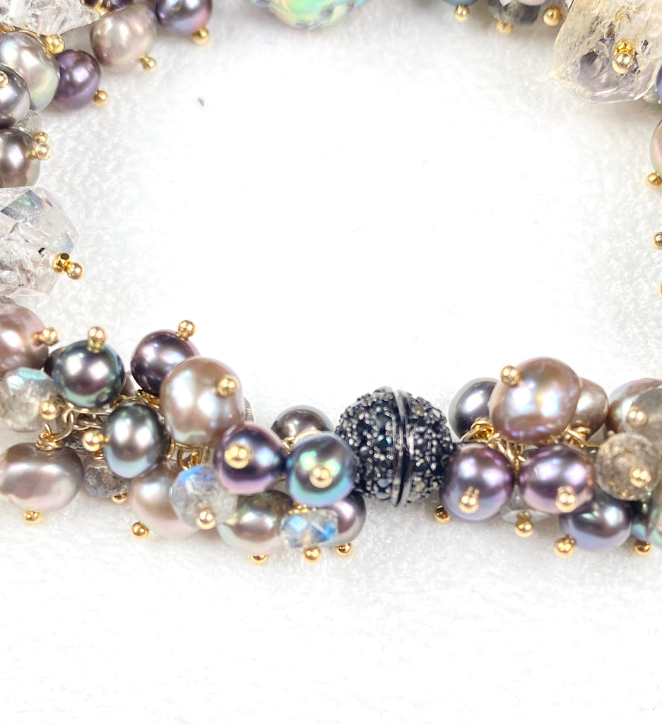 Silver Grey Baroque Pearl Cluster Bracelet — Herkimer Quartz & Labradorite