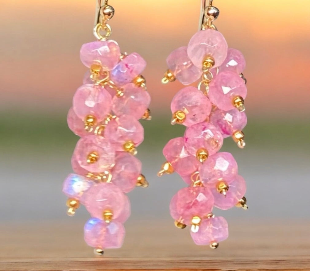 Pink Moonstone Cluster Tassel Earrings