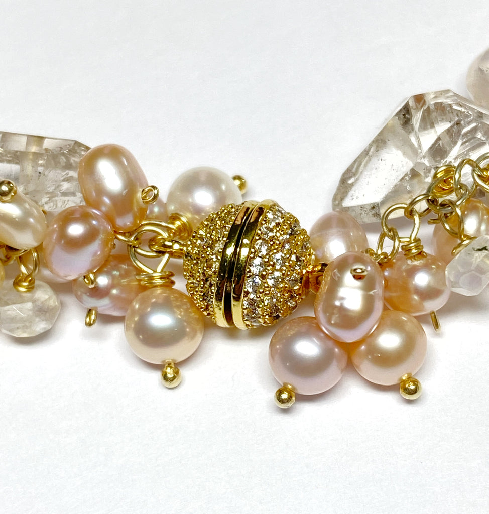 Ivory Blush Pearl Cluster Bracelet with Herkimer Diamond Quartz