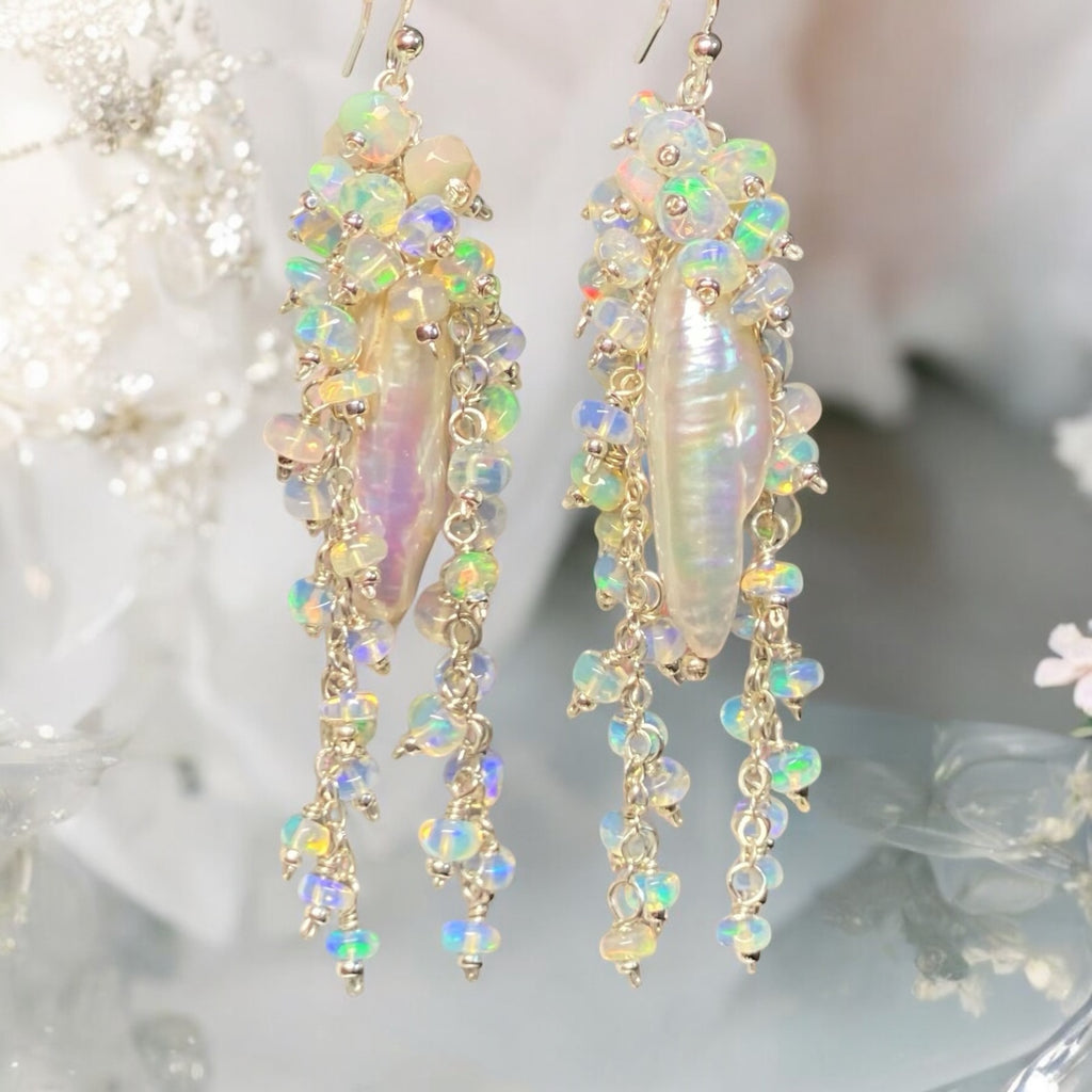 Pearl, Ethiopian Opal Statement Earrings, Bridal Earrings, Sterling Silver