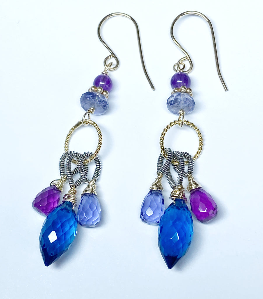 Blue, Purple Chandelier Earrings, Mixed Metals, Iolite, Amethyst, Quartz