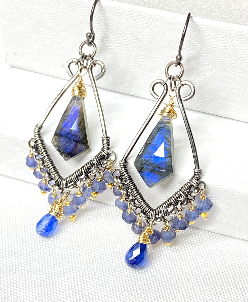 Blue Gemstone Statement Chandelier Earrings Oxidized Sterling Silver Blue Labradorite, Iolite, Kyanite