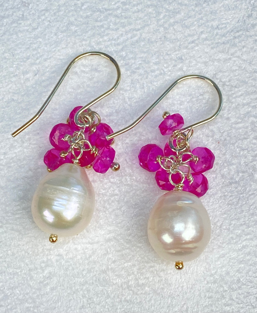 Pearl Cluster Earrings with Fuchsia Pink Sapphires, Sterling Silver