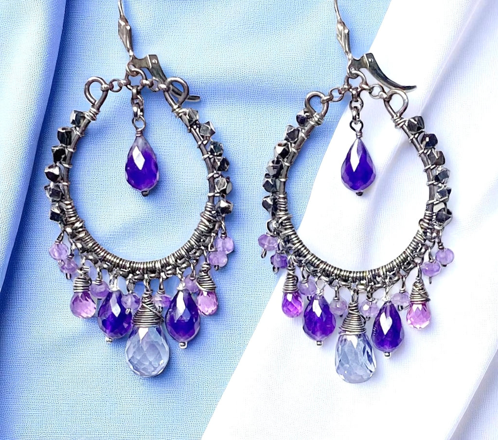 Boho Hoop Earrings Oxidized Sterling Silver Blue Violet Gemstones