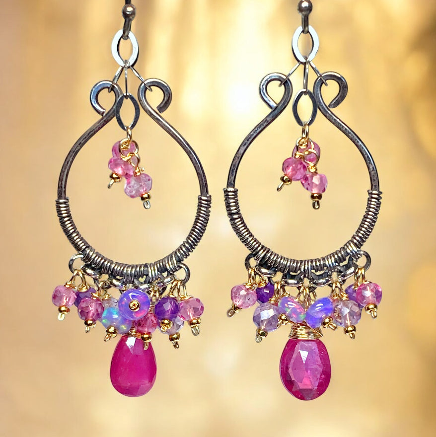 Oxidized Silver Hoop Chandelier Earrings, Pink Sapphire, Mixed Metals 2