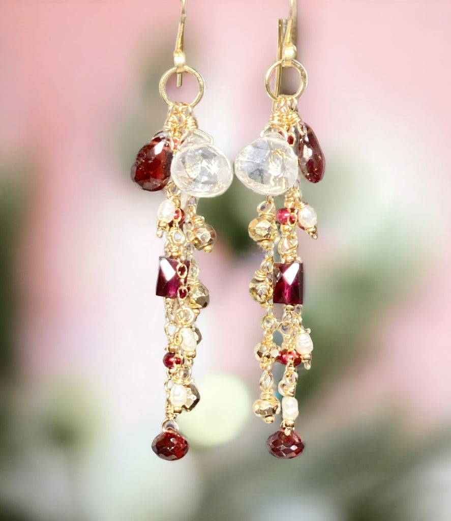 Garnet Dangle Earrings 14 kt Gold Fill with Red Pearls