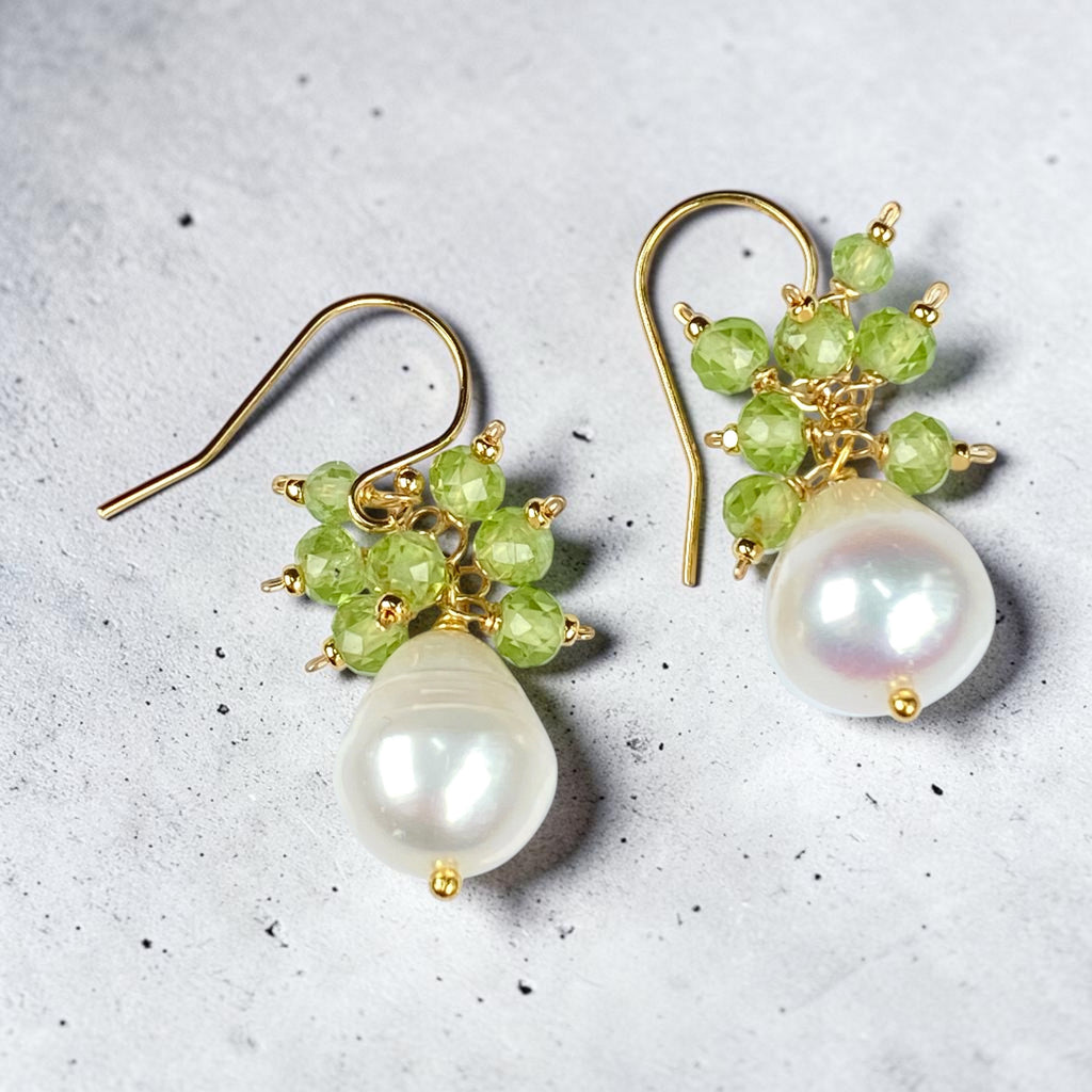 Peridot and Pearl Cluster Earrings, Silver or Gold Fill, 14k Gold Fill - Doolittle