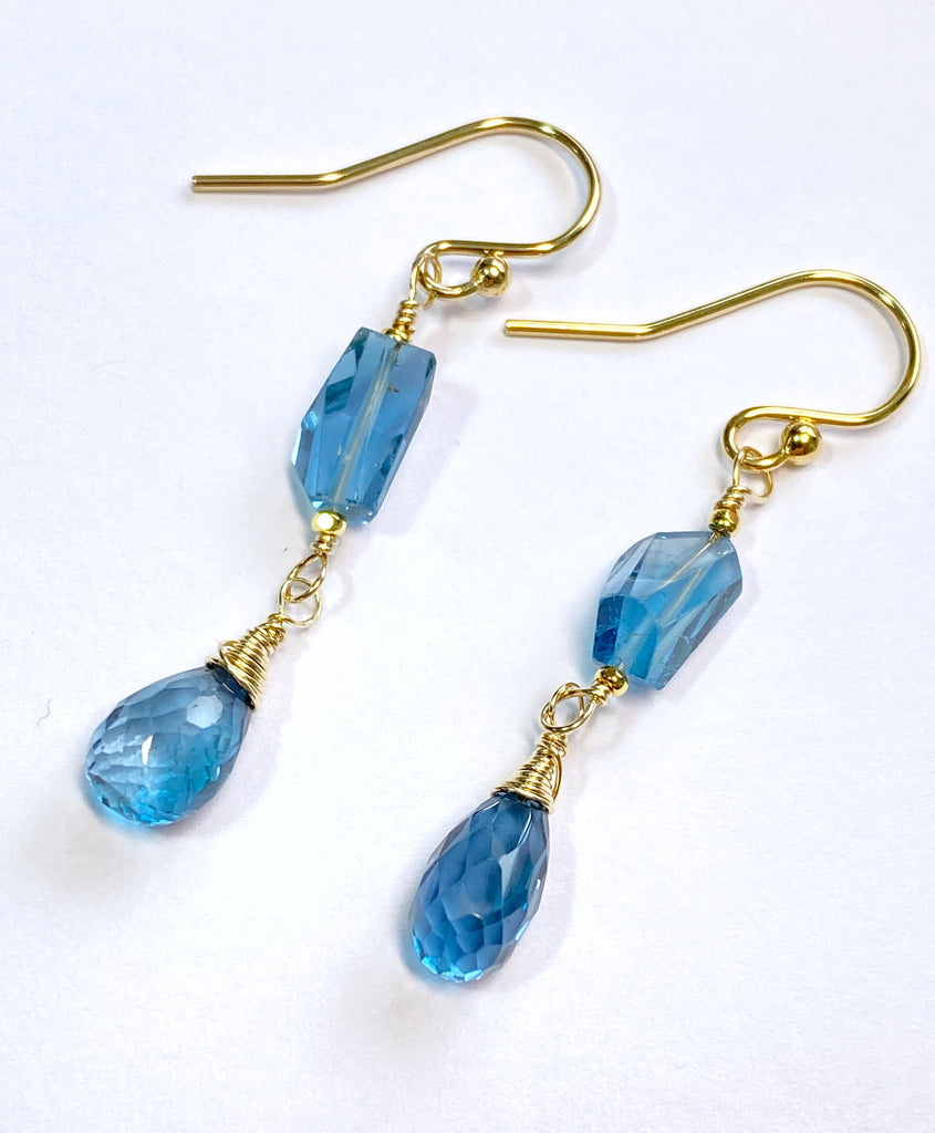 London Blue Topaz Gemstone Nugget Dangle Earrings 14k Gold Fill