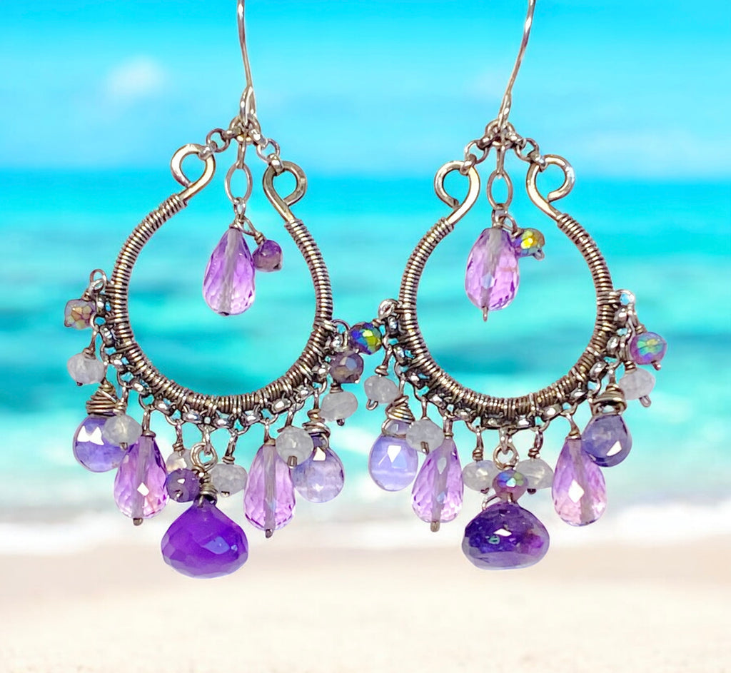 Blue Violet Oxidized Silver Hoop Chandelier Earrings Iolite, Lavender, Purple Amethyst