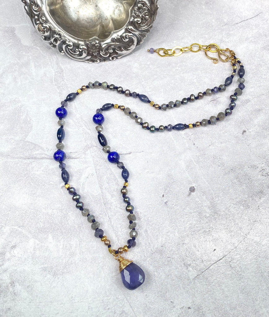 Blue Iolite Pendant Silk Knot Necklace: Mystic Labradorite, Pearl, Iolite, Blue Lapis, Gold Fill