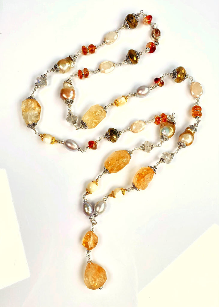 Citrine and Gold White Baroque Pearl Long Sautoir Necklace Sterling Silver — Pyrite Moonstone Crystal Quartz