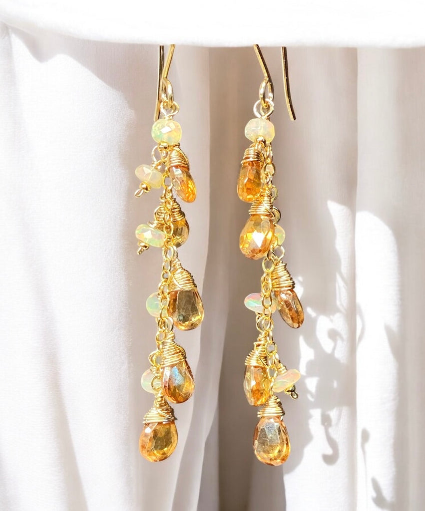 Golden Topaz and Ethiopian Opal Dangle Earrings Gold Fill 2