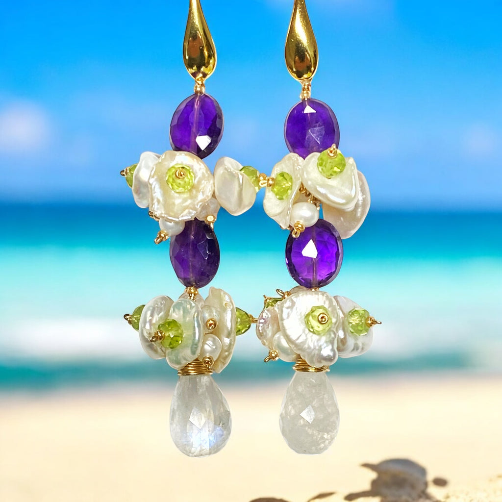 Amethyst Peridot Moonstone Keishi Pearl Long Drop Earrings