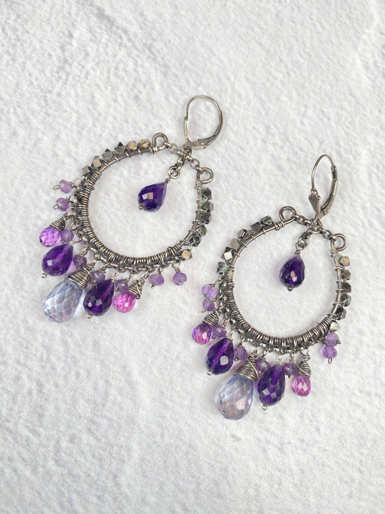 Blue Violet Purple Gold Fill Hoop Chandelierj Earrings with Moonstone - Doolittle