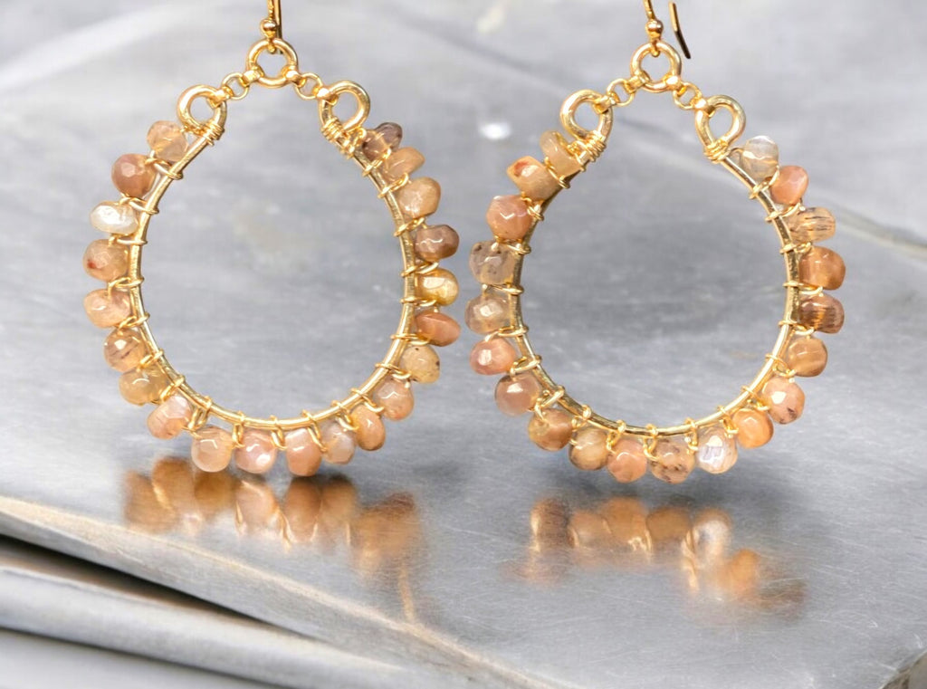 Chocolate Moonstone Hoop Earrings, Gold Fill, Sterling Silver