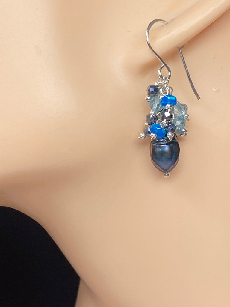 Petite Peacock Pearl Cluster Earrings — Teal Blue Opal, Aqua Apatite, Mystic Black Terahertz