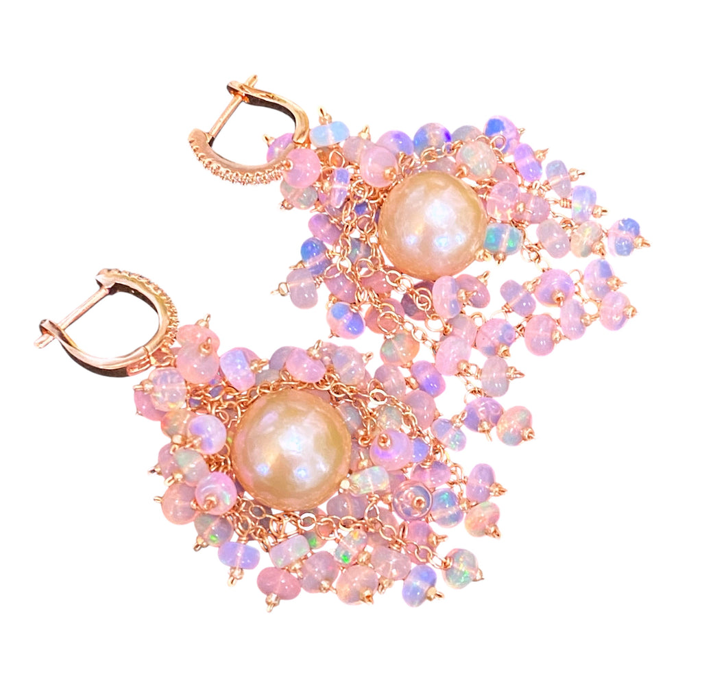 Pink Pearl, Pink Opal Statement Cluster Dangle Earrings, Rose Gold