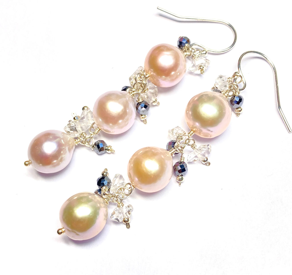 Long Blush Pearl Earrings with Sparkly Gems, Sterling Silver