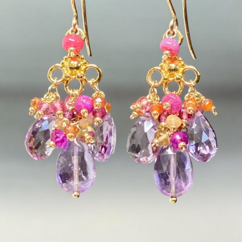 Statement Multi Gemstone Chandelier Earrings, Gold