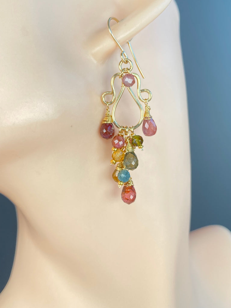 Autumn Tourmaline Chandelier Earrings — Pink, Olive & Honey, Gold Fill
