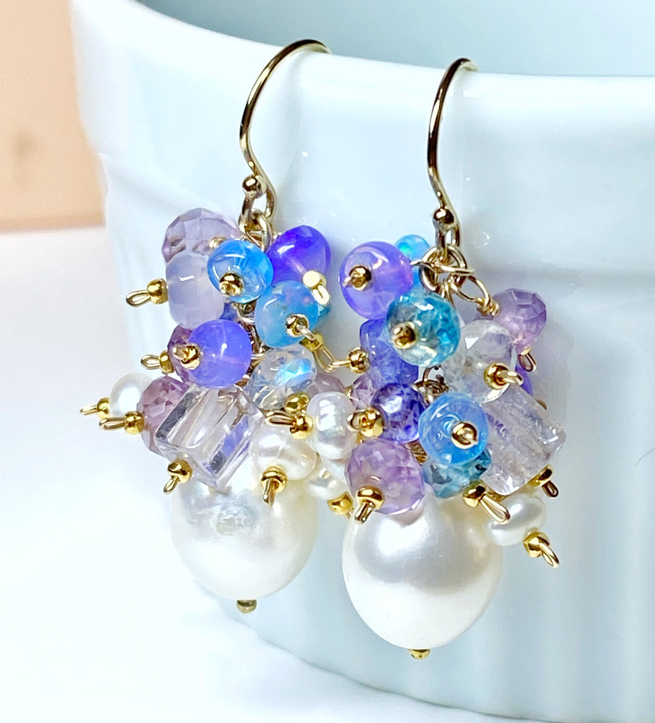 Gemstone Cluster Pearl Earrings Amethyst Iolite Gold Post