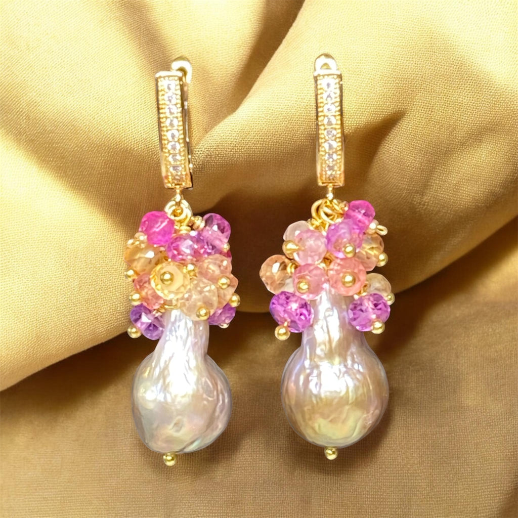 Baroque Flameball Gold Silver Pearl Earrings with Padparadscha Sapphire Clusters Gold Fill - Doolittle