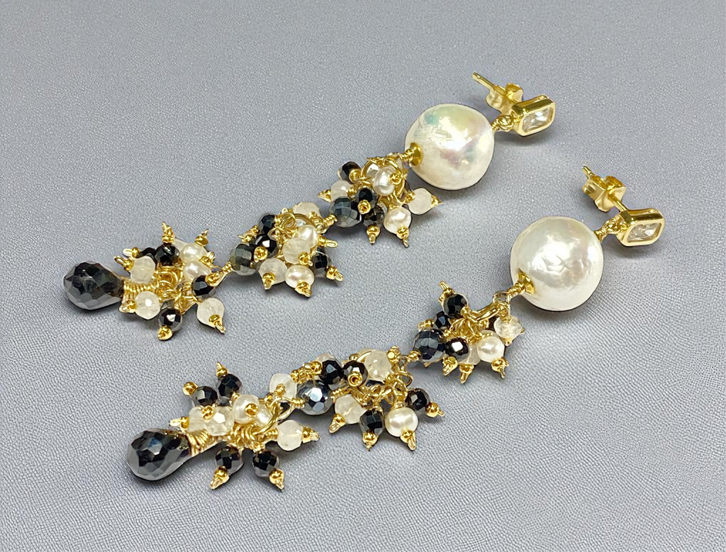 Edison Pearl Long Dangle Earrings with Black Spinel, White Pearl, Moonstone